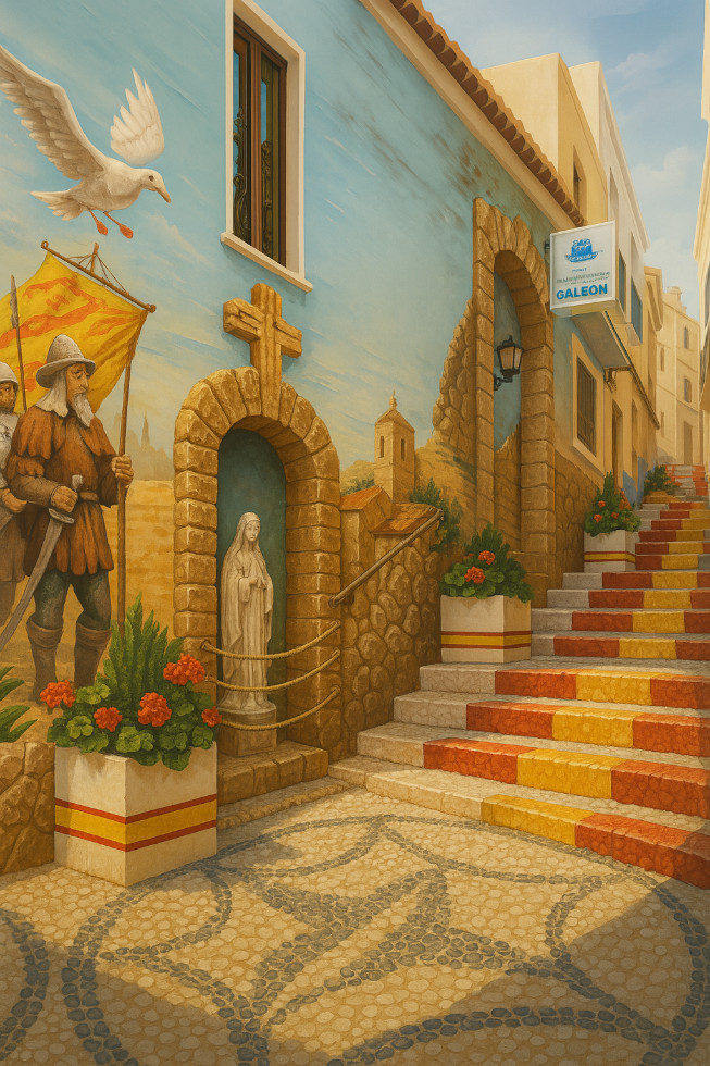 image of the iconic mosaic steps in Calpe’s old town, featuring bold red and yellow stripes, historical murals, and flower pots along a cobblestone alley.