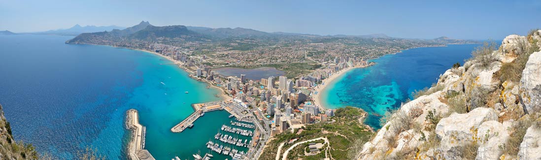Aerial view over Calpe from the Peñon de Ifach Natural Park in Calpe